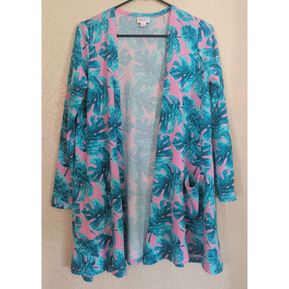 LuLaRoe Caroline Cardigan Pink Teal Tropical Leaf Open Front Pockets Small